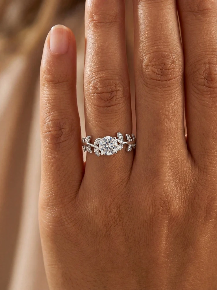 Personalized 1CT Real Moissanite Diamond Leaf Round Ring for Women's Daily Anniversary 925 Sterling Silver Fine Jewelry