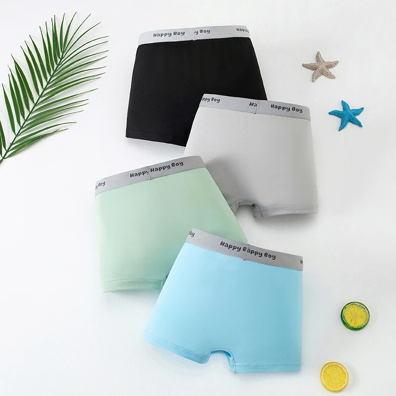 4-Piece Set of Boys' Four Season Solid Color Simple Underwear, Comfortable Elastic Waisted Children's Boxer Shorts, Home Shorts