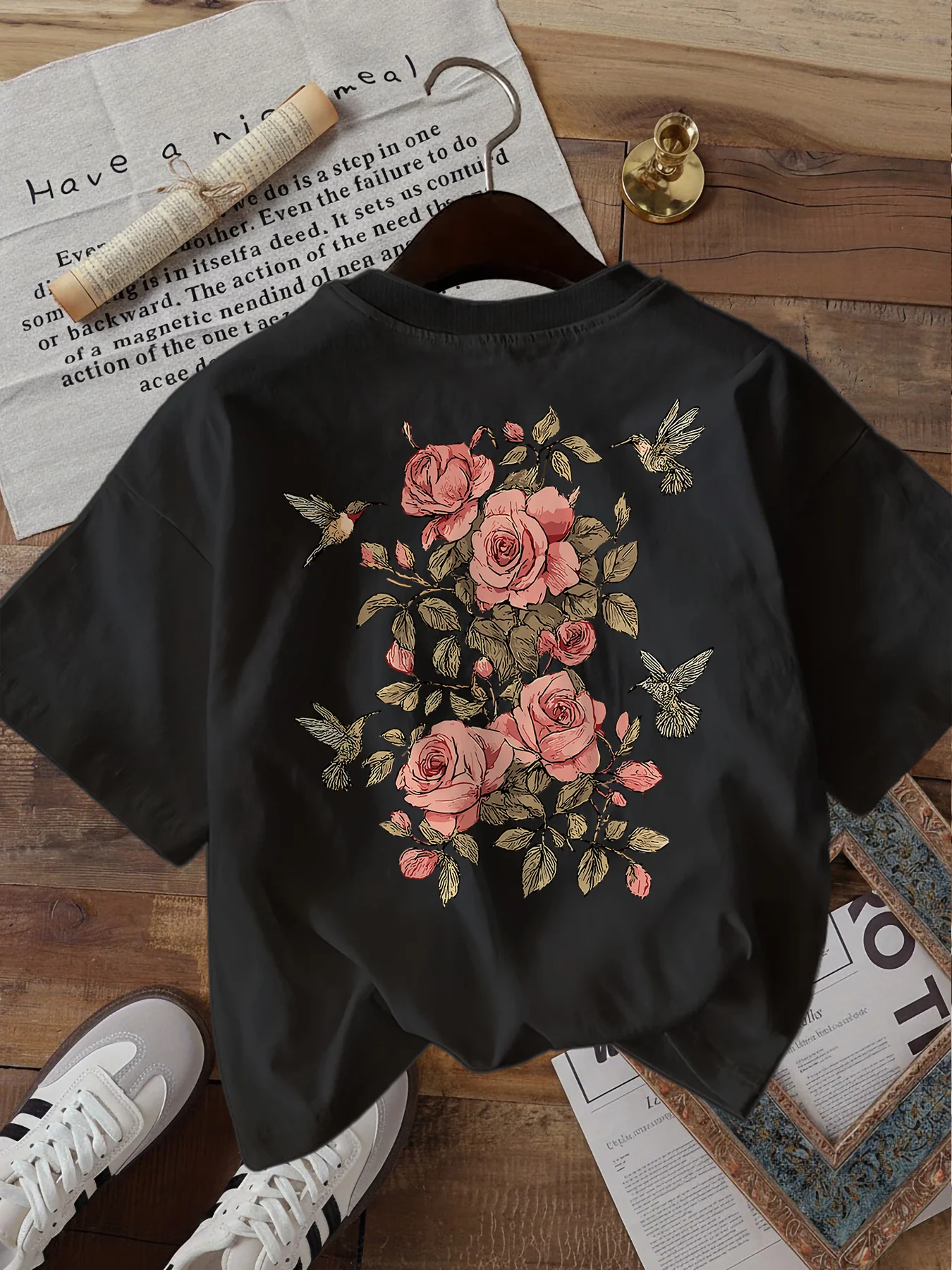Vintage Pink Rose T Shirt Funny Hummingbird Floral Graphic Unisex Harajuku Aesthetic Loose Short Sleeve White Summer Tops Tee