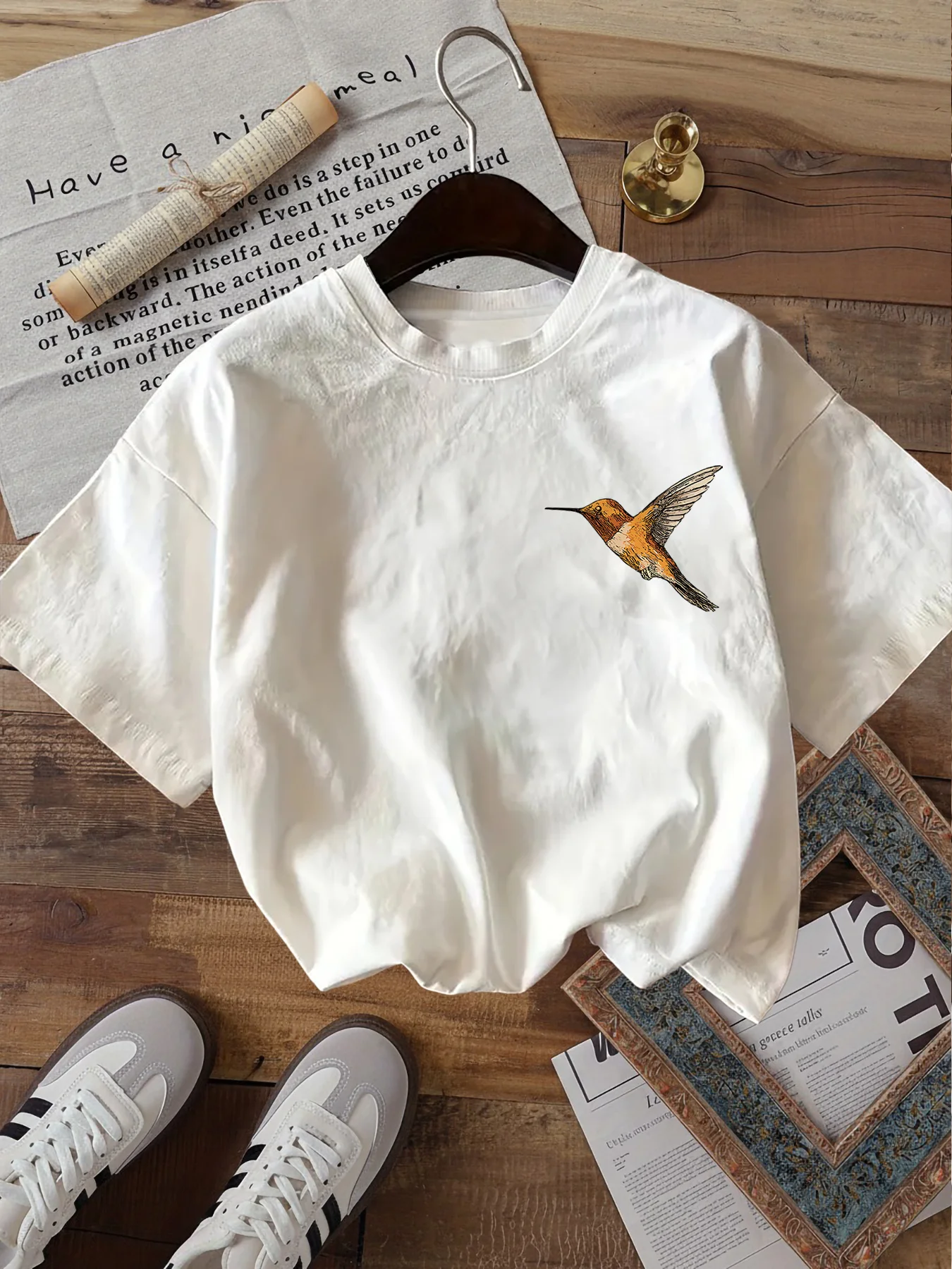 Vintage Pink Rose T Shirt Funny Hummingbird Floral Graphic Unisex Harajuku Aesthetic Loose Short Sleeve White Summer Tops Tee