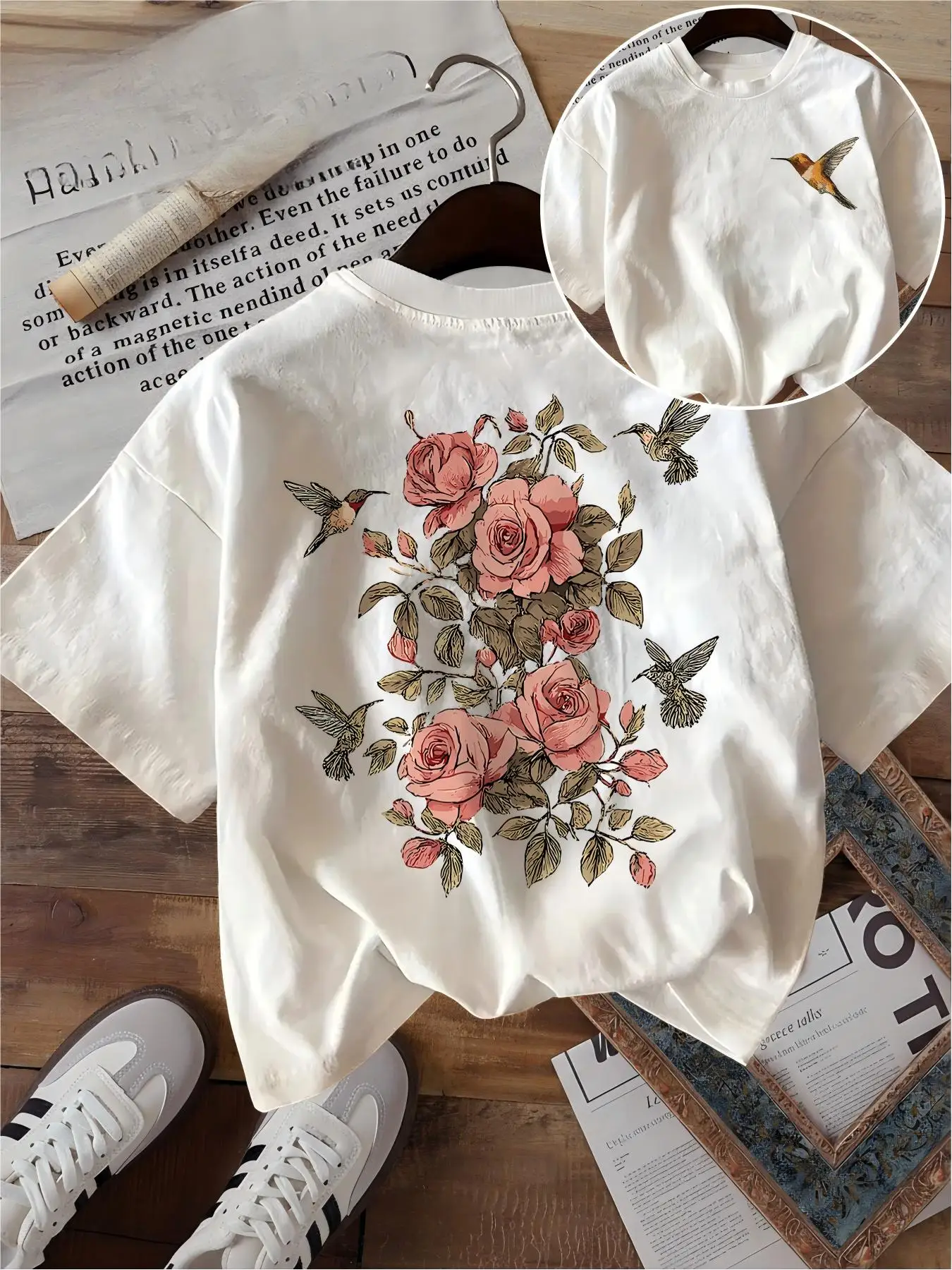 Vintage Pink Rose T Shirt Funny Hummingbird Floral Graphic Unisex Harajuku Aesthetic Loose Short Sleeve White Summer Tops Tee