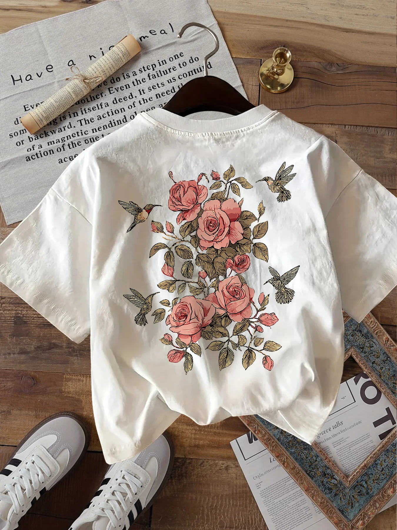 Vintage Pink Rose T Shirt Funny Hummingbird Floral Graphic Unisex Harajuku Aesthetic Loose Short Sleeve White Summer Tops Tee