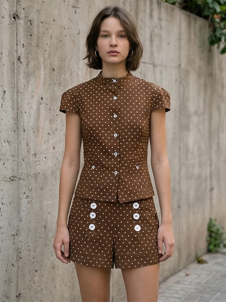 Willshela Women Fashion 2 Piece Set Brown Single Breasted Tanks & Front Zipper Shorts With Button Female Chic Lady Shorts Sets