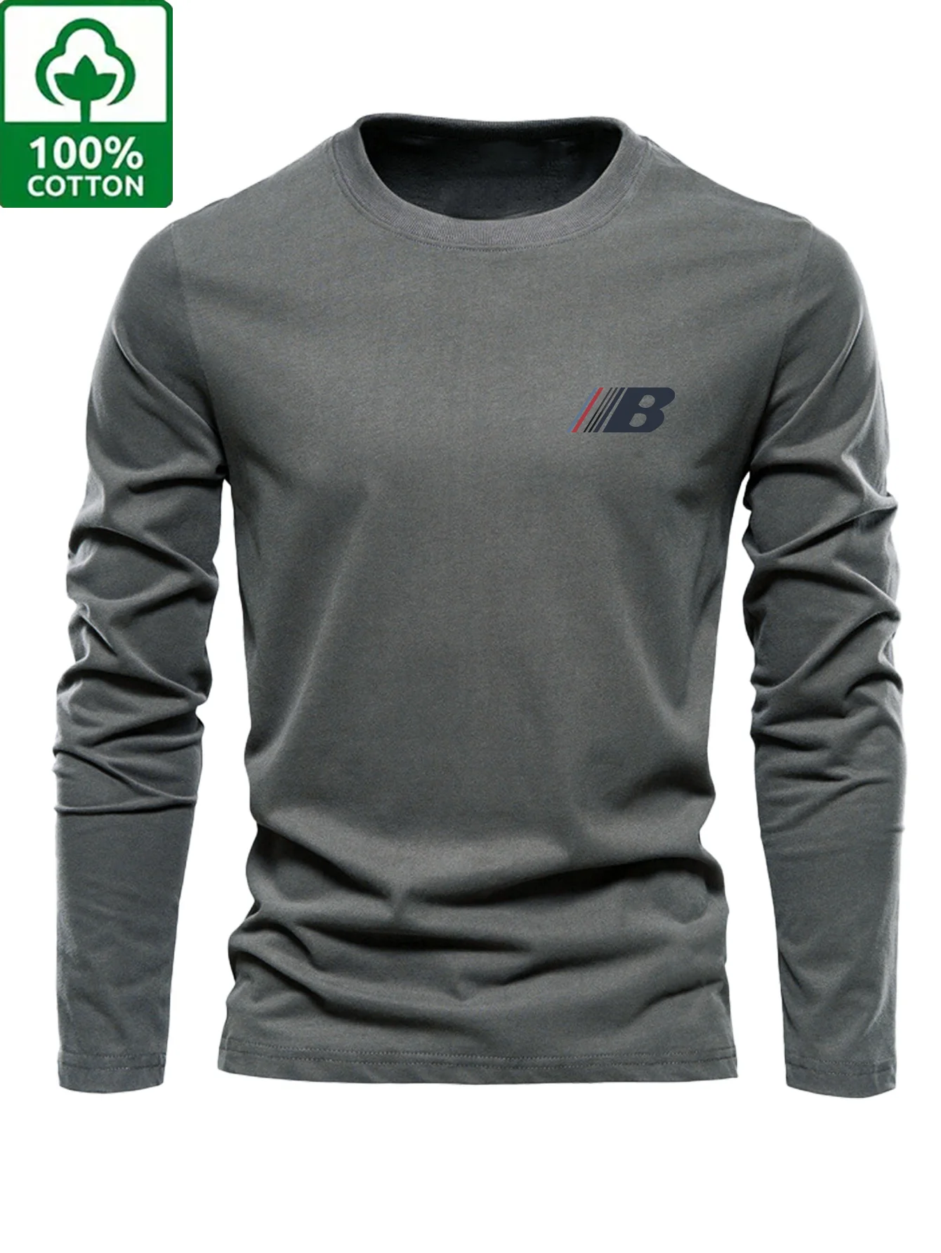 Men's 100% Pure Cotton Loose and Comfortable Casual Sports Trend Novel Printed Round Neck Long Sleeved T-Shirt Versatile Top
