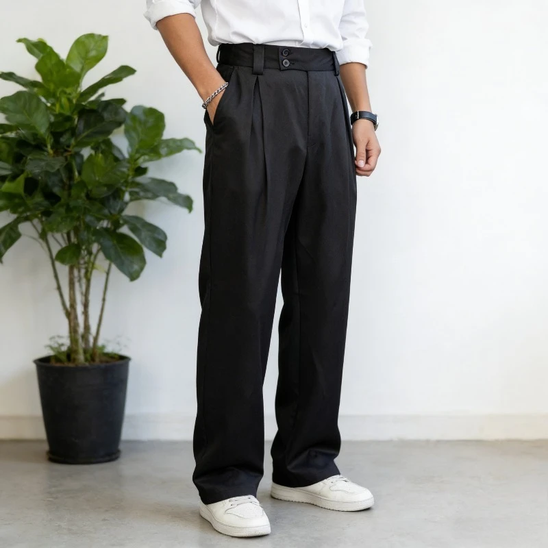 Men Loose Pleated Trousers Autumn Winter Straight Leg Pants Korean Style Casual Versatile Draping Effect
