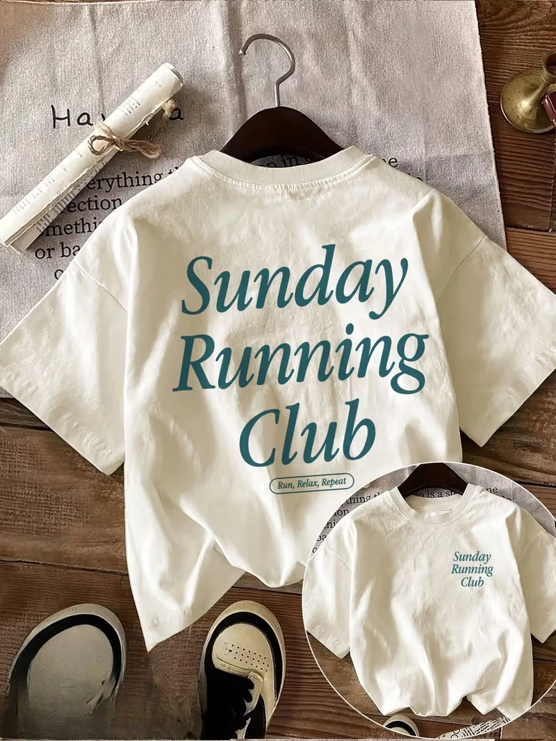 Women's T-shirt  with Sunday Running Club Graphic,Double Sided Short Sleeve Outdoor Sports Top Women's Casual Loose T Shirt