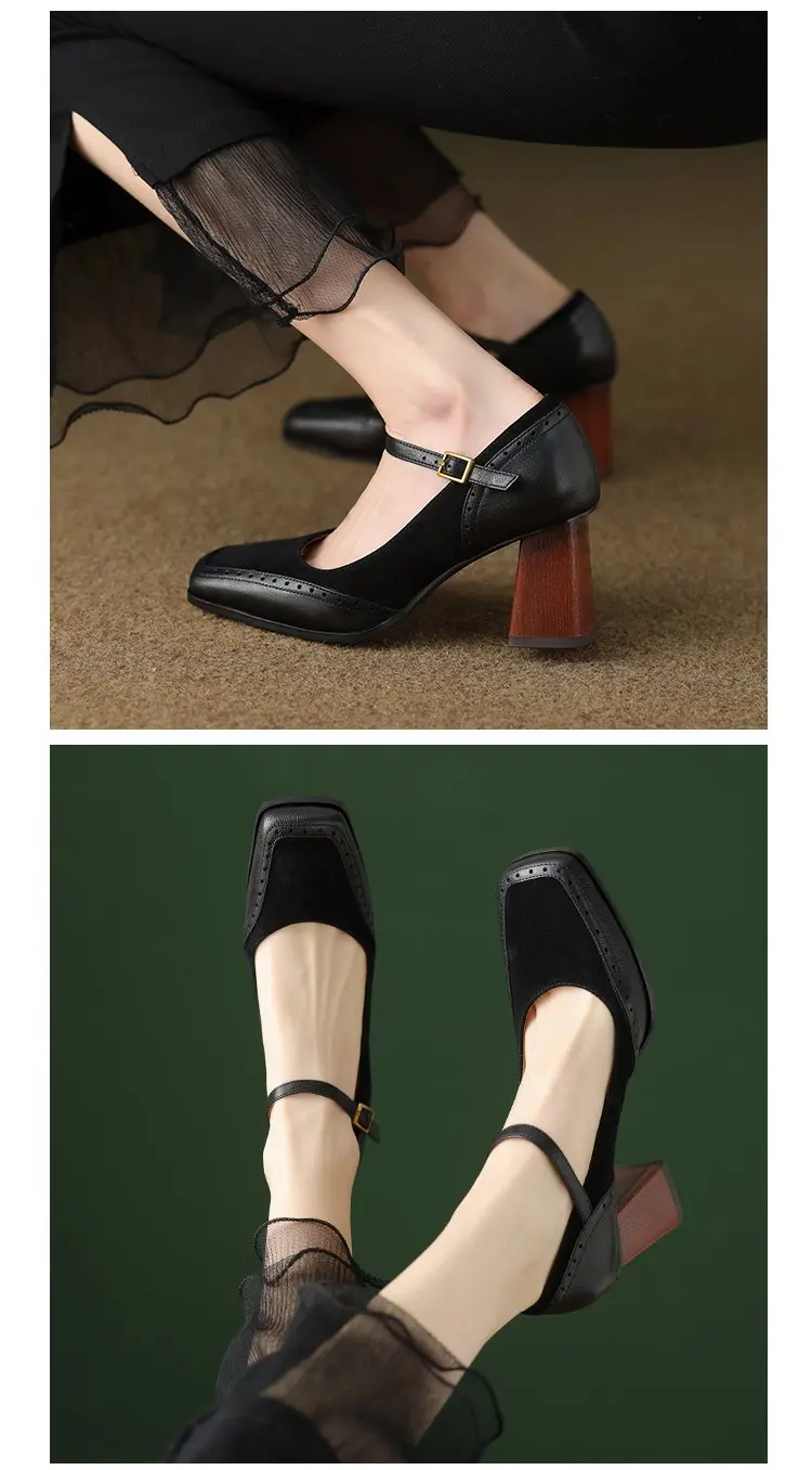 2026 Mary Janes Vintage Black Sandals Woman Buckle Non-Slip Casual Medium Heels Office Ladies Solid Elegant Heels Korean Summer