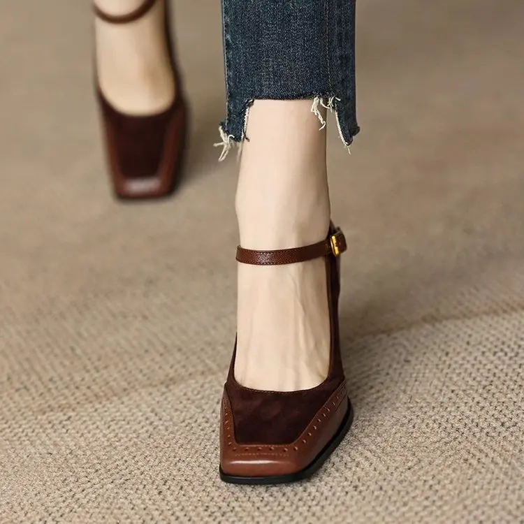 2026 Mary Janes Vintage Black Sandals Woman Buckle Non-Slip Casual Medium Heels Office Ladies Solid Elegant Heels Korean Summer