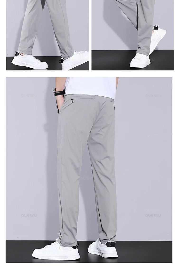 High Stretch Summer Men's Casual Pants Thin Sports Zip Pocket Korea Elasticity Drawstring Elastic Waist Jogging Work Trousers