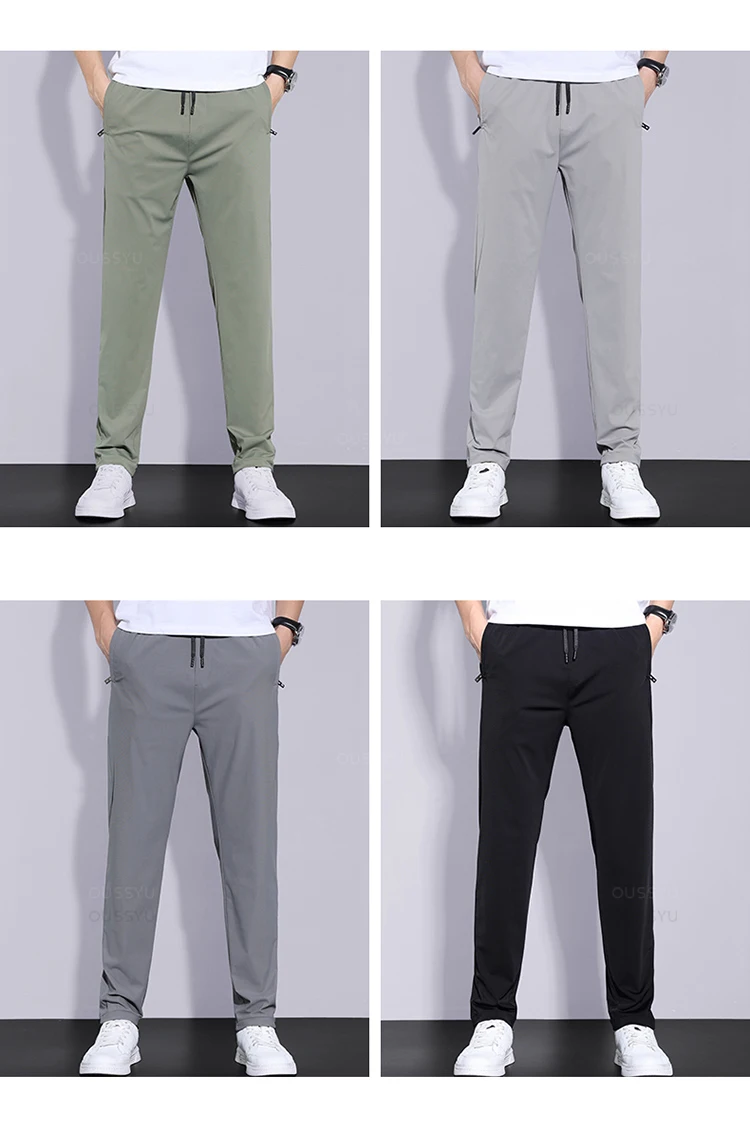 High Stretch Summer Men's Casual Pants Thin Sports Zip Pocket Korea Elasticity Drawstring Elastic Waist Jogging Work Trousers