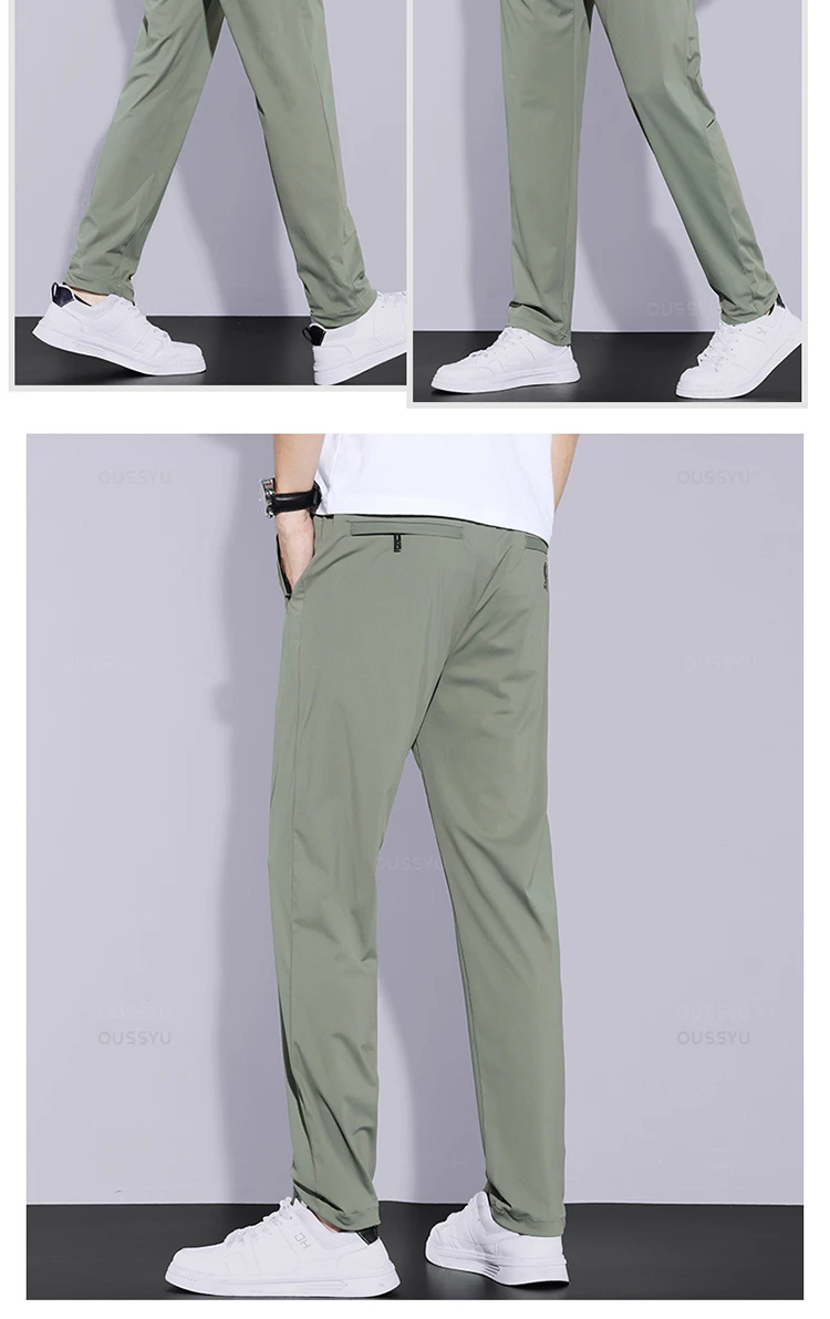 High Stretch Summer Men's Casual Pants Thin Sports Zip Pocket Korea Elasticity Drawstring Elastic Waist Jogging Work Trousers