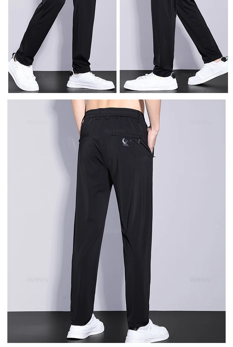 High Stretch Summer Men's Casual Pants Thin Sports Zip Pocket Korea Elasticity Drawstring Elastic Waist Jogging Work Trousers