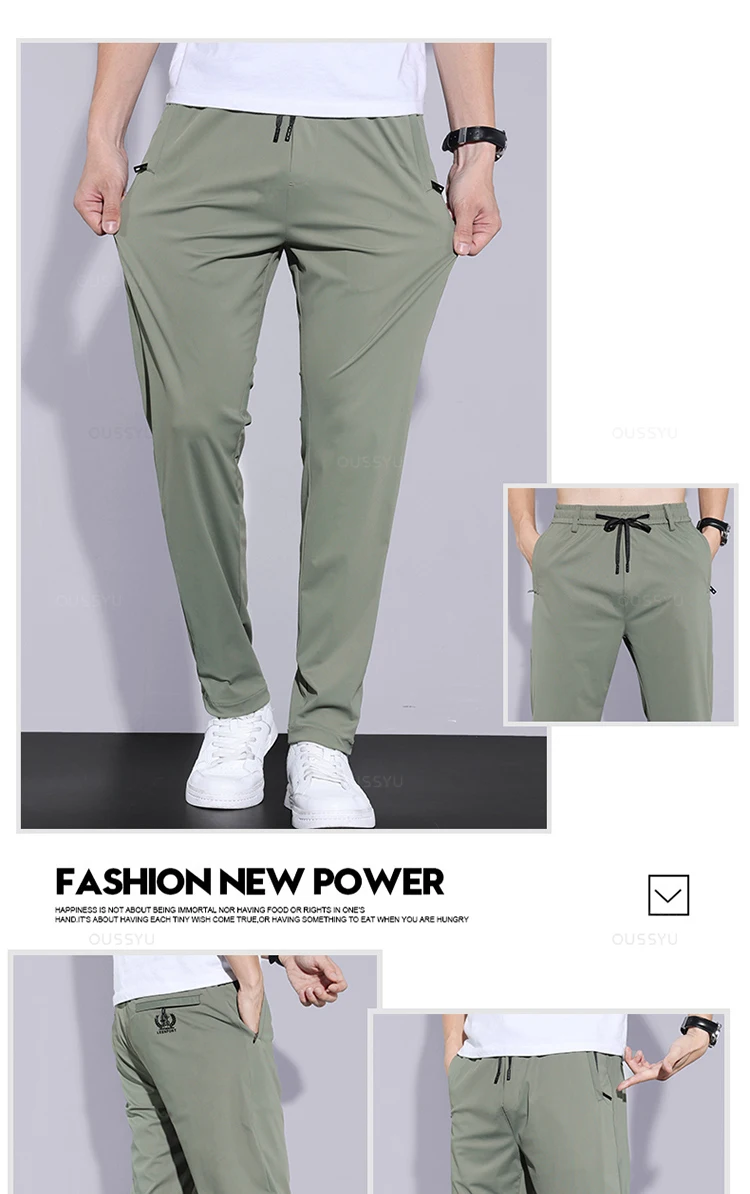 High Stretch Summer Men's Casual Pants Thin Sports Zip Pocket Korea Elasticity Drawstring Elastic Waist Jogging Work Trousers