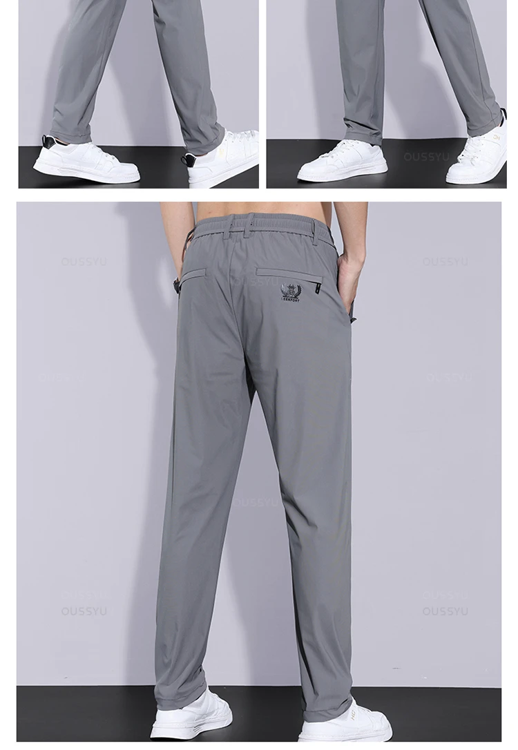 High Stretch Summer Men's Casual Pants Thin Sports Zip Pocket Korea Elasticity Drawstring Elastic Waist Jogging Work Trousers