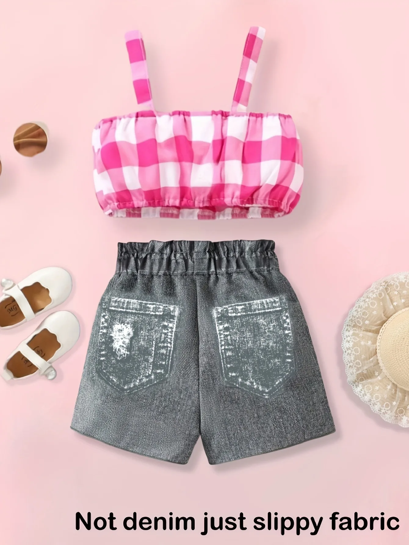 Denim Look Girls 2 Piece Shorts Set Pink Gingham Bow Top & Ripped Distressed Shorts Fashion Outfit(Not denim just slippy fabric)