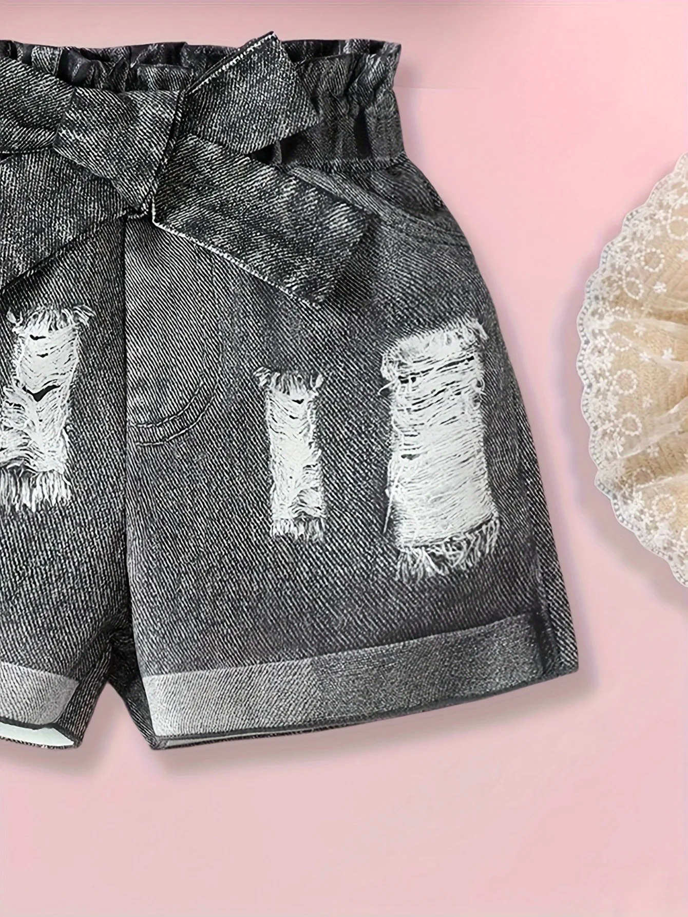 Denim Look Girls 2 Piece Shorts Set Pink Gingham Bow Top & Ripped Distressed Shorts Fashion Outfit(Not denim just slippy fabric)