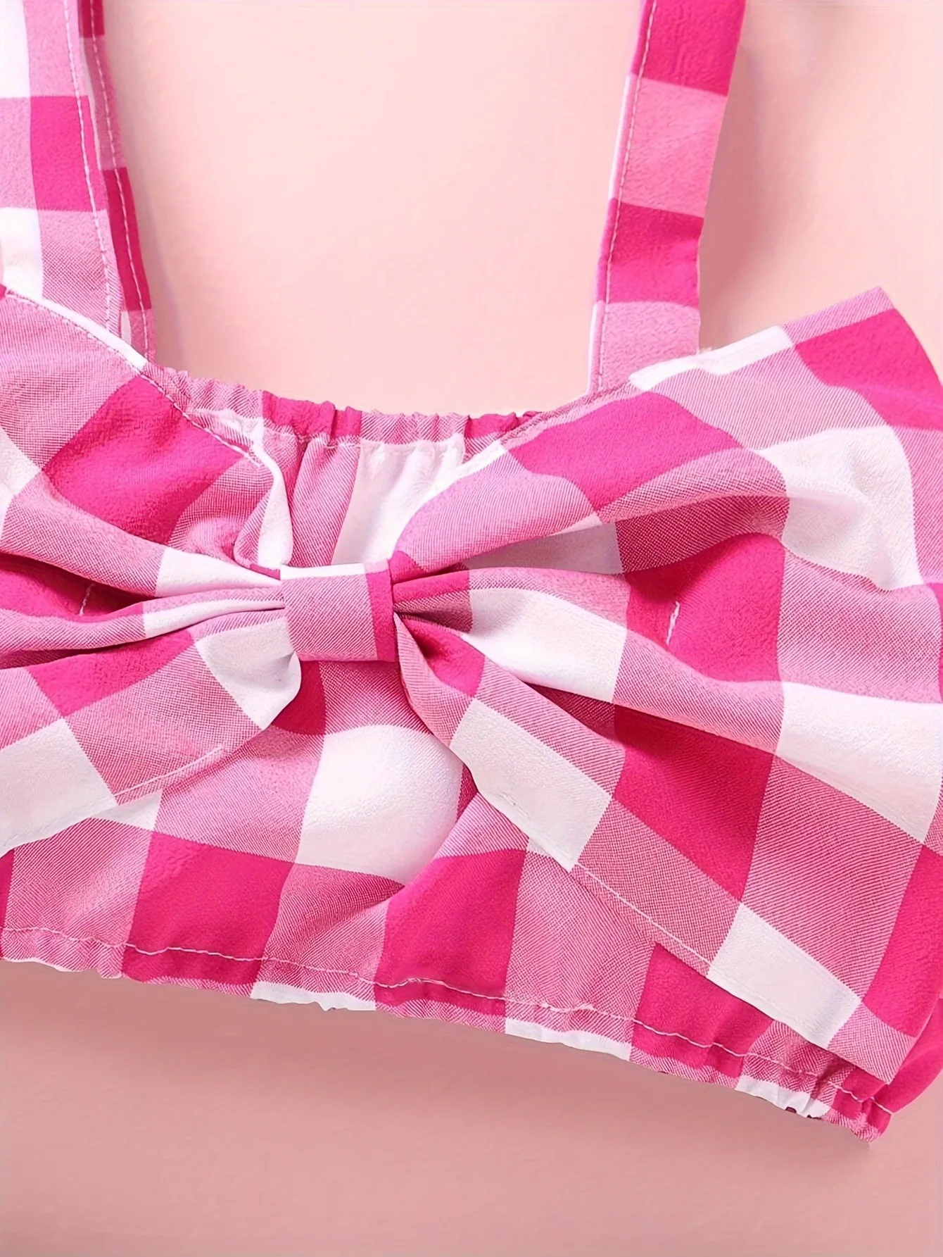 Denim Look Girls 2 Piece Shorts Set Pink Gingham Bow Top & Ripped Distressed Shorts Fashion Outfit(Not denim just slippy fabric)