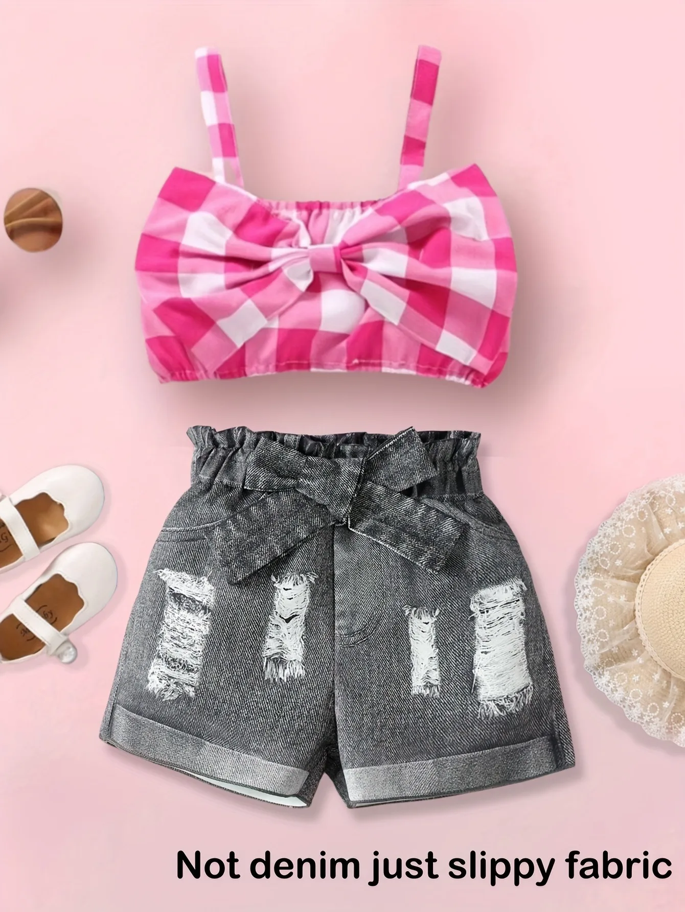 Denim Look Girls 2 Piece Shorts Set Pink Gingham Bow Top & Ripped Distressed Shorts Fashion Outfit(Not denim just slippy fabric)