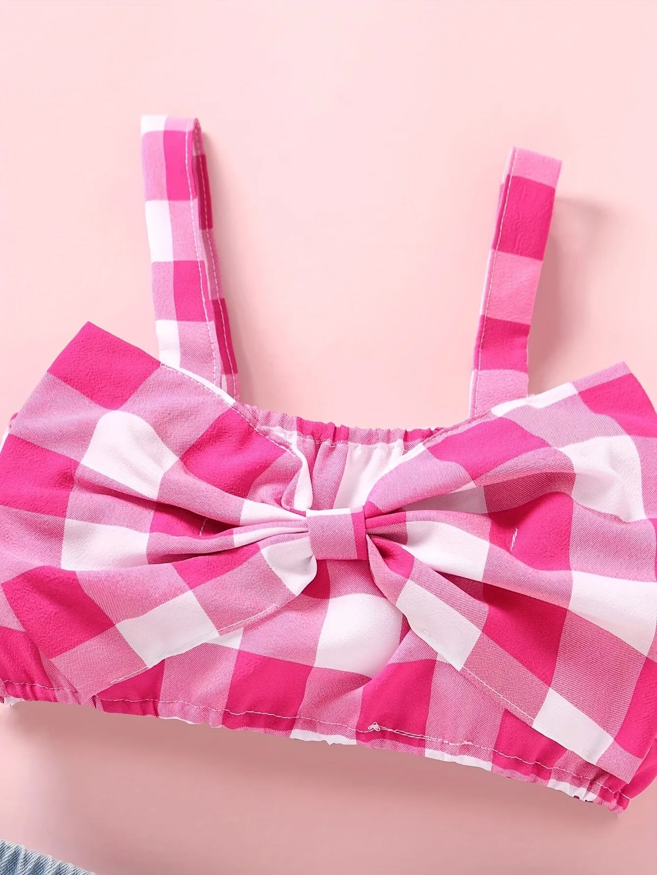 Denim Look Girls 2 Piece Shorts Set Pink Gingham Bow Top & Ripped Distressed Shorts Fashion Outfit(Not denim just slippy fabric)