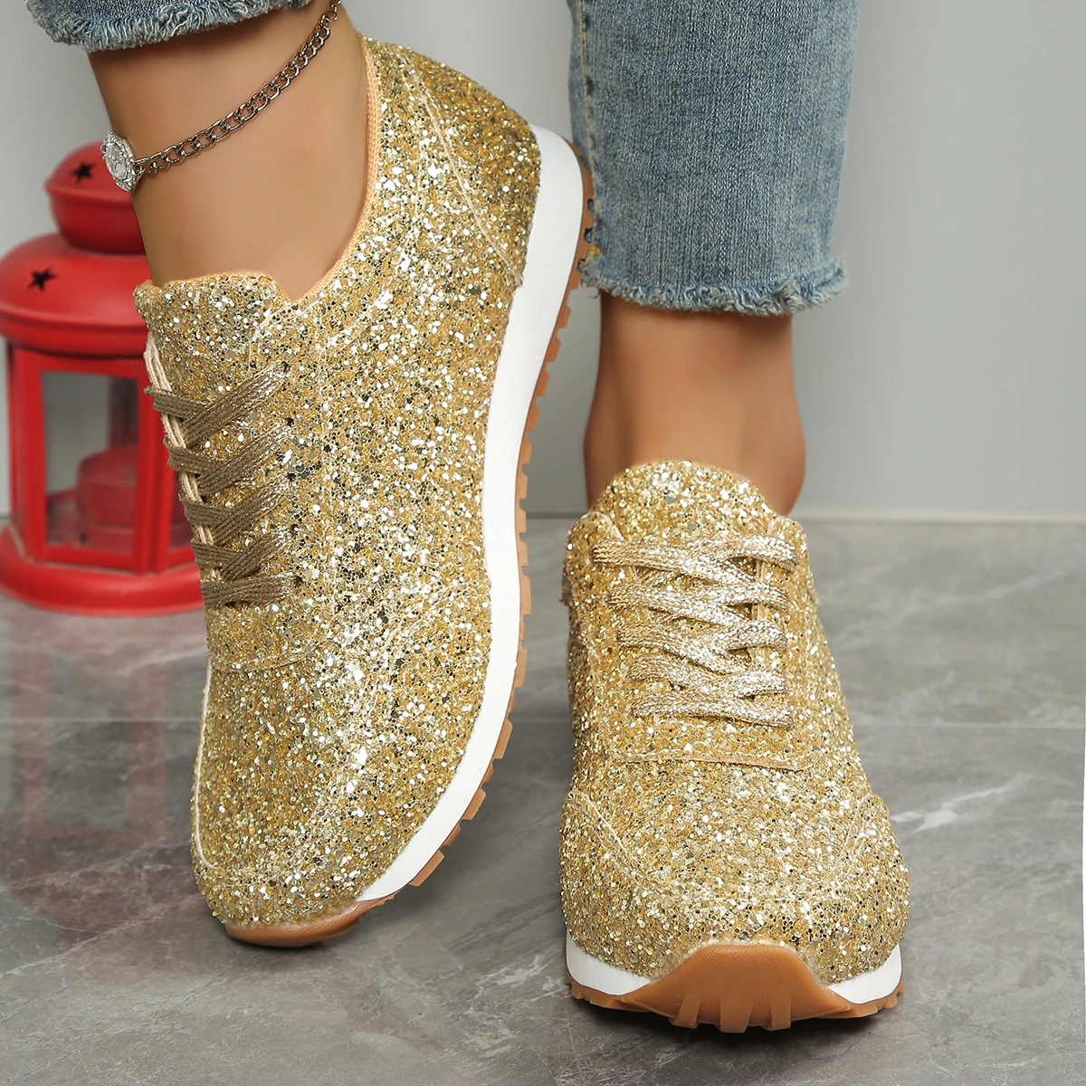 2026 New Lightweight Women's Glitter Sneakers Spring Autumn Lace Up Low Heel Sport Shoes Women Comfort Non Slip Walking Shoes