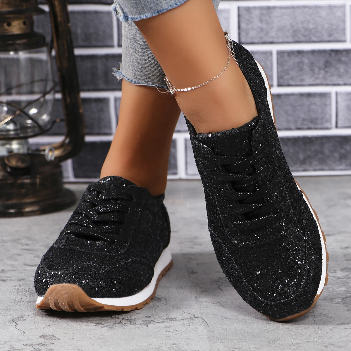 2026 New Lightweight Women's Glitter Sneakers Spring Autumn Lace Up Low Heel Sport Shoes Women Comfort Non Slip Walking Shoes