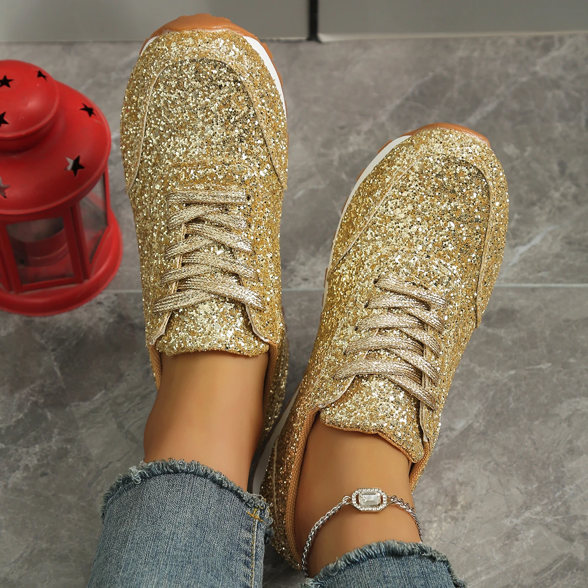 2026 New Lightweight Women's Glitter Sneakers Spring Autumn Lace Up Low Heel Sport Shoes Women Comfort Non Slip Walking Shoes