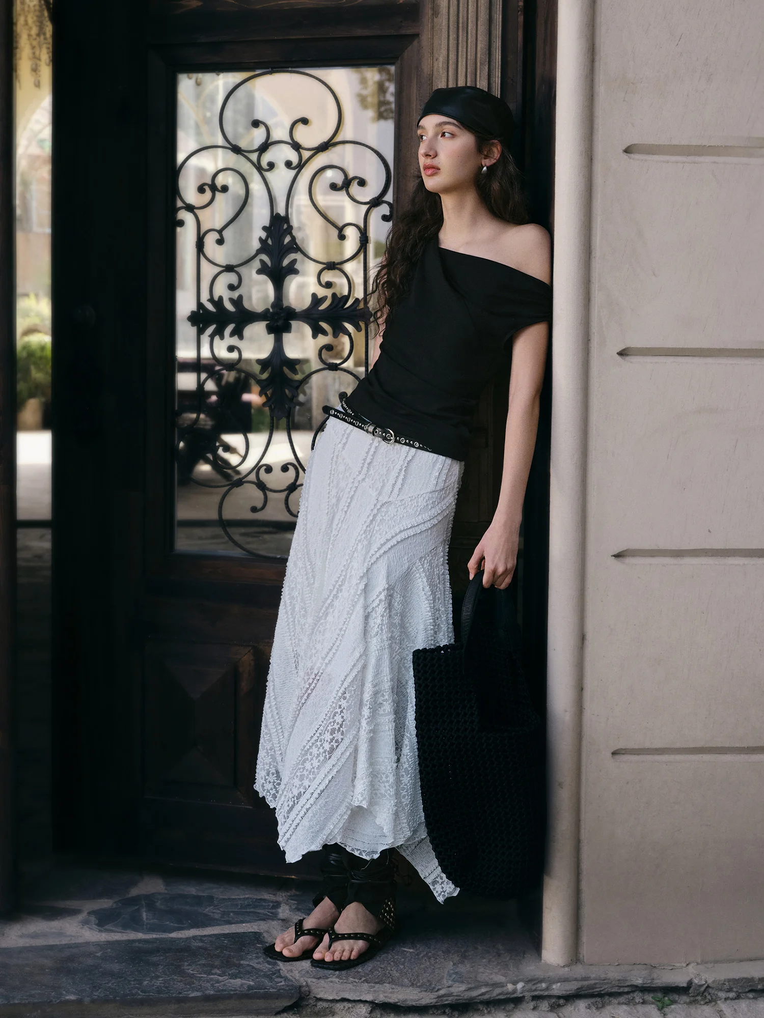 ZIQIAO 2026 Summer Women's Bias Cut Lace Panel Asymmetric Midi Skirt, Designer Patchwork Hem Skirt Romantic Soft Feminine Style
