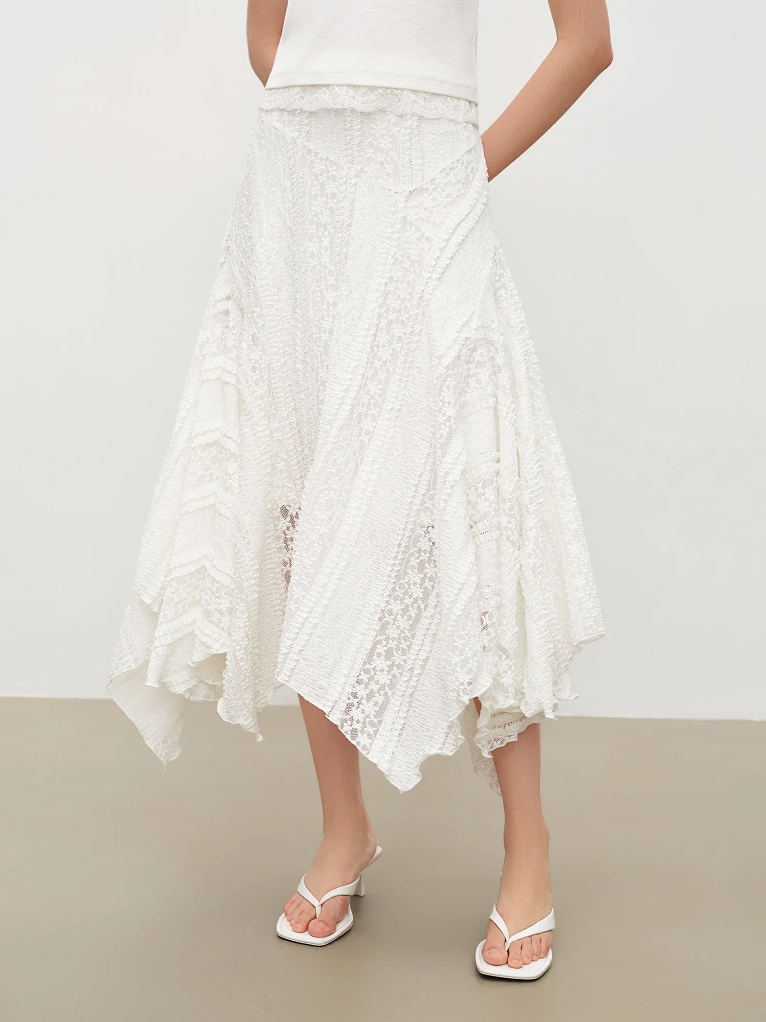 ZIQIAO 2026 Summer Women's Bias Cut Lace Panel Asymmetric Midi Skirt, Designer Patchwork Hem Skirt Romantic Soft Feminine Style
