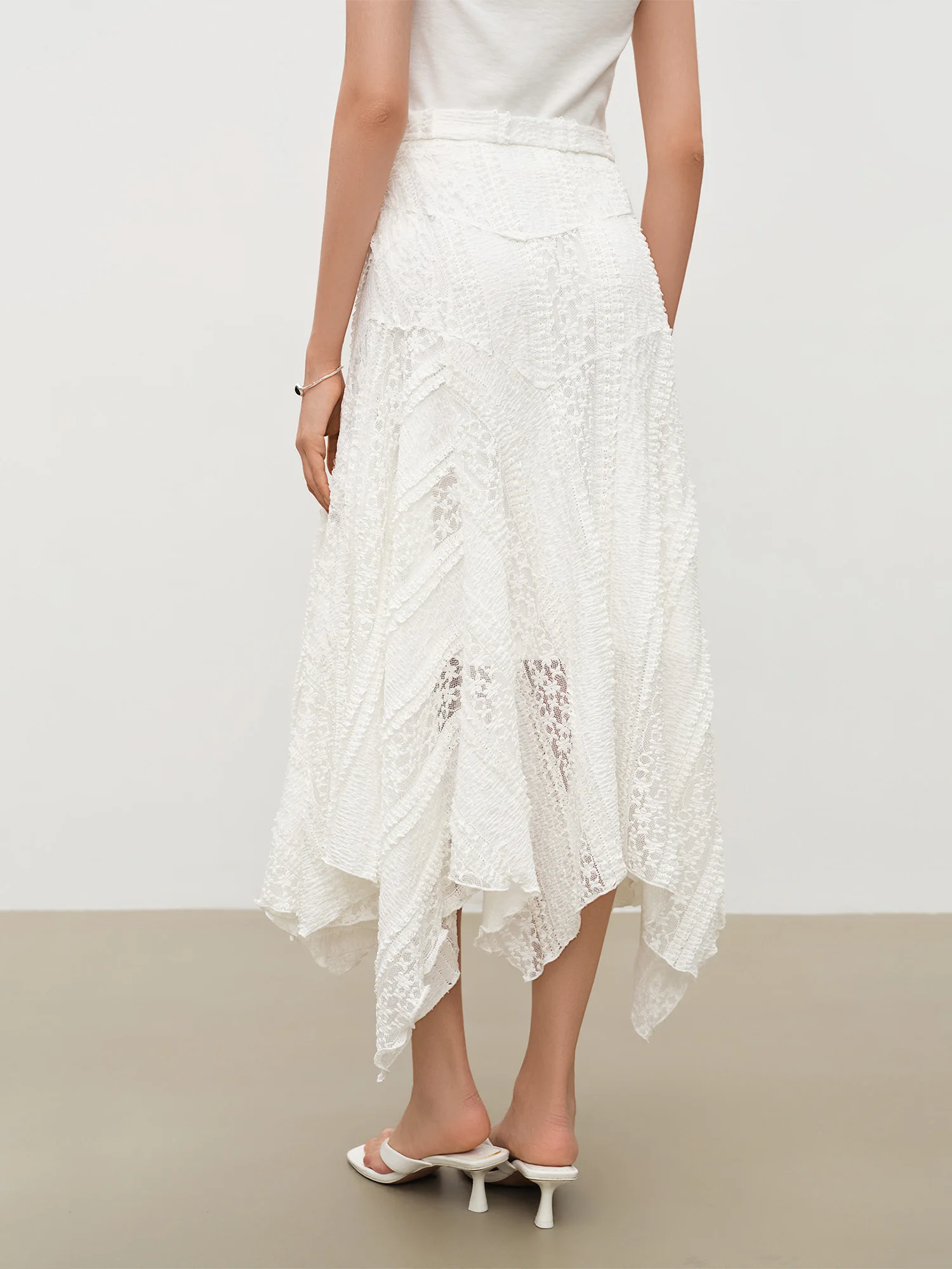 ZIQIAO 2026 Summer Women's Bias Cut Lace Panel Asymmetric Midi Skirt, Designer Patchwork Hem Skirt Romantic Soft Feminine Style