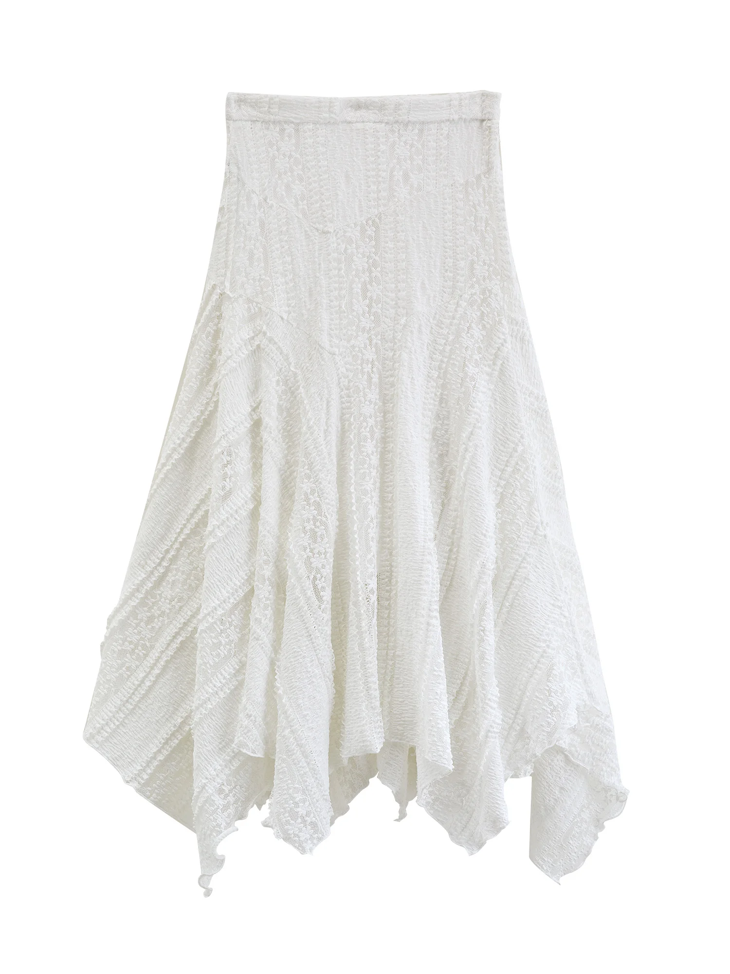 ZIQIAO 2026 Summer Women's Bias Cut Lace Panel Asymmetric Midi Skirt, Designer Patchwork Hem Skirt Romantic Soft Feminine Style