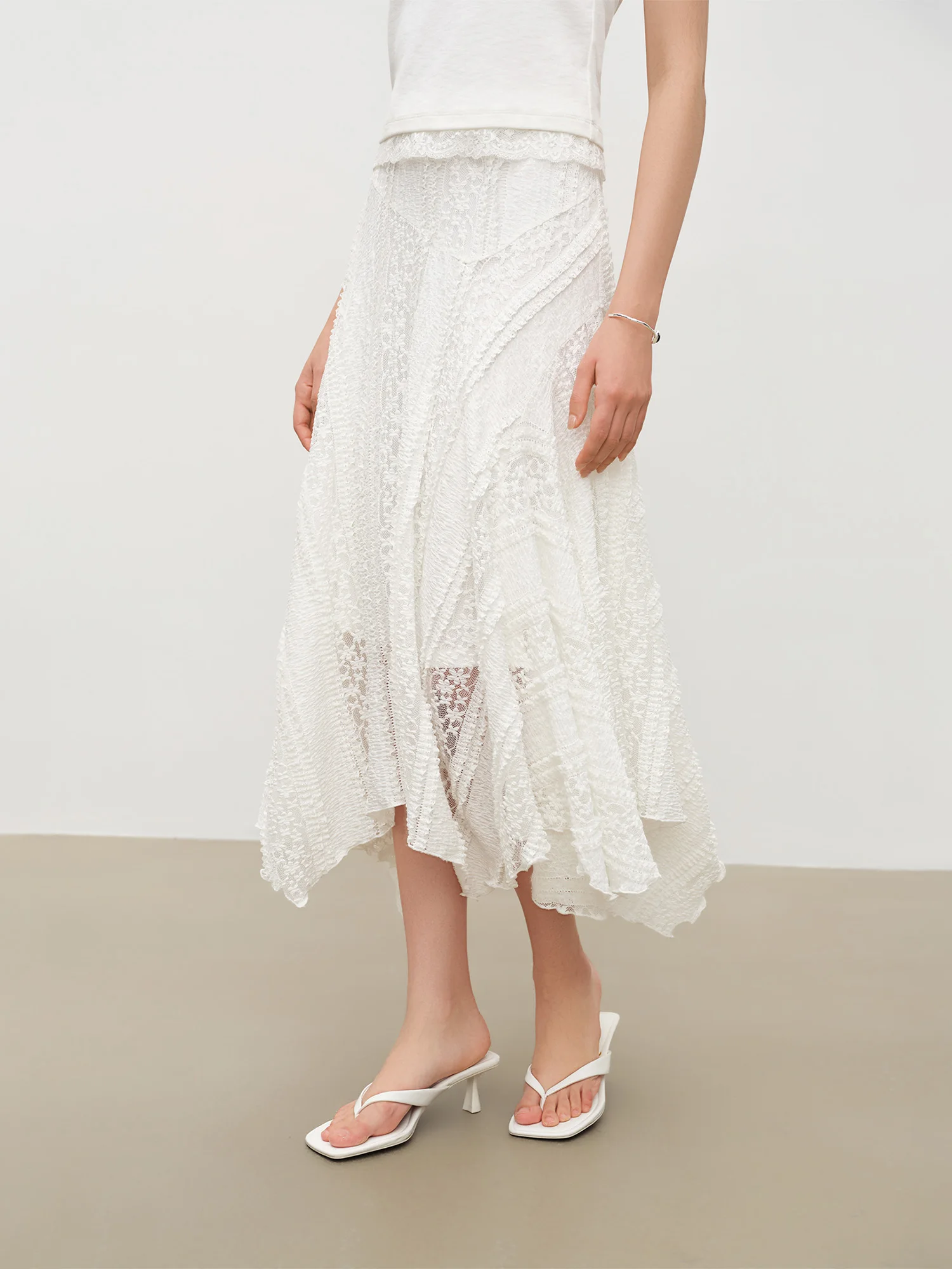 ZIQIAO 2026 Summer Women's Bias Cut Lace Panel Asymmetric Midi Skirt, Designer Patchwork Hem Skirt Romantic Soft Feminine Style