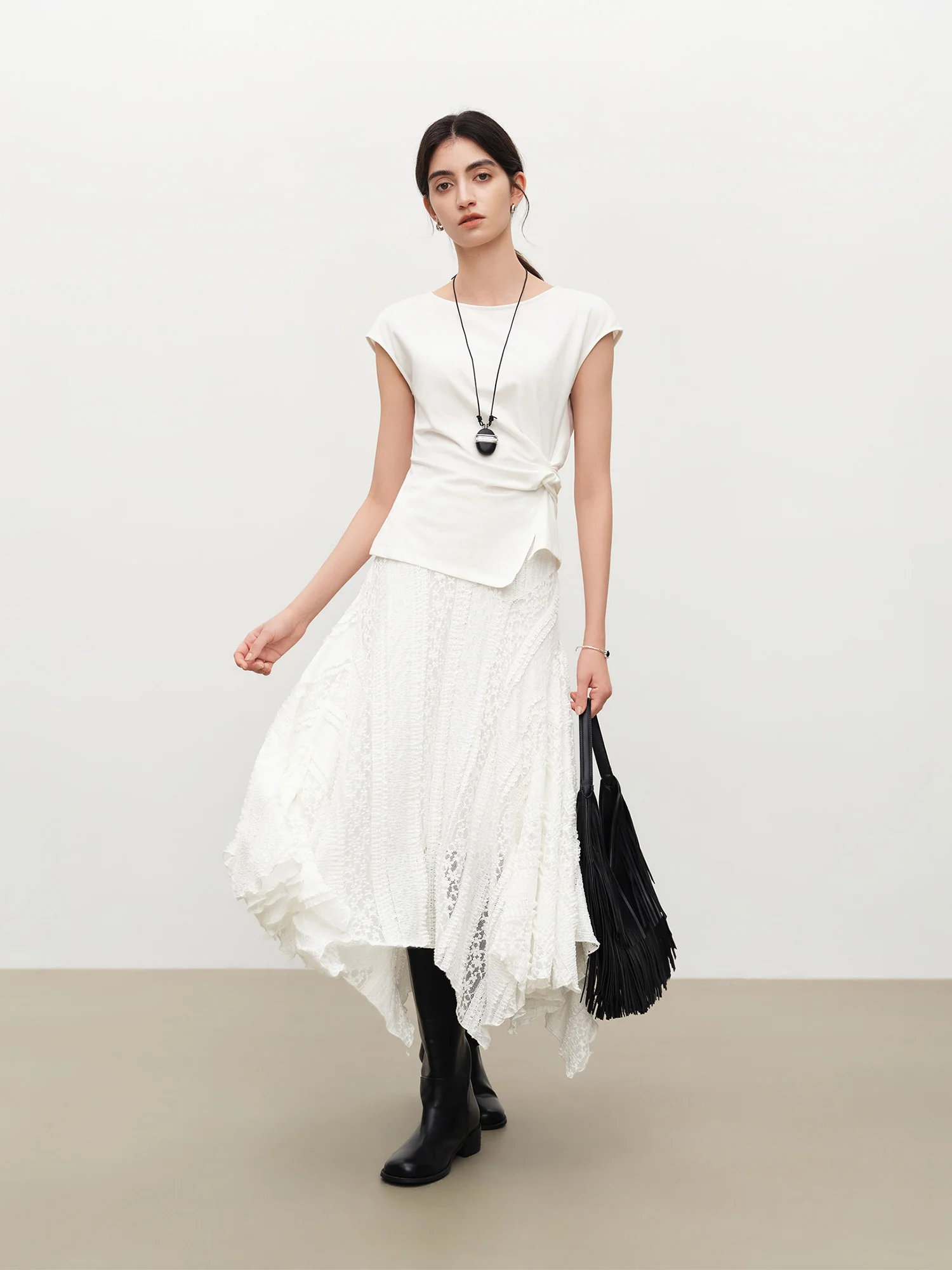 ZIQIAO 2026 Summer Women's Bias Cut Lace Panel Asymmetric Midi Skirt, Designer Patchwork Hem Skirt Romantic Soft Feminine Style
