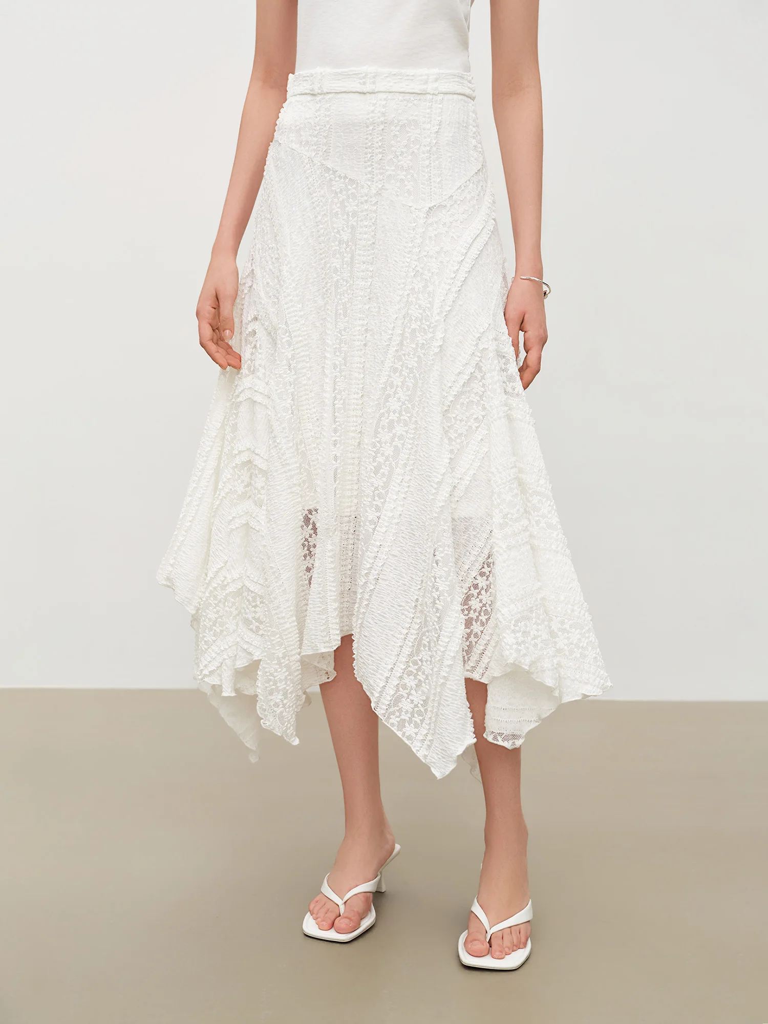 ZIQIAO 2026 Summer Women's Bias Cut Lace Panel Asymmetric Midi Skirt, Designer Patchwork Hem Skirt Romantic Soft Feminine Style