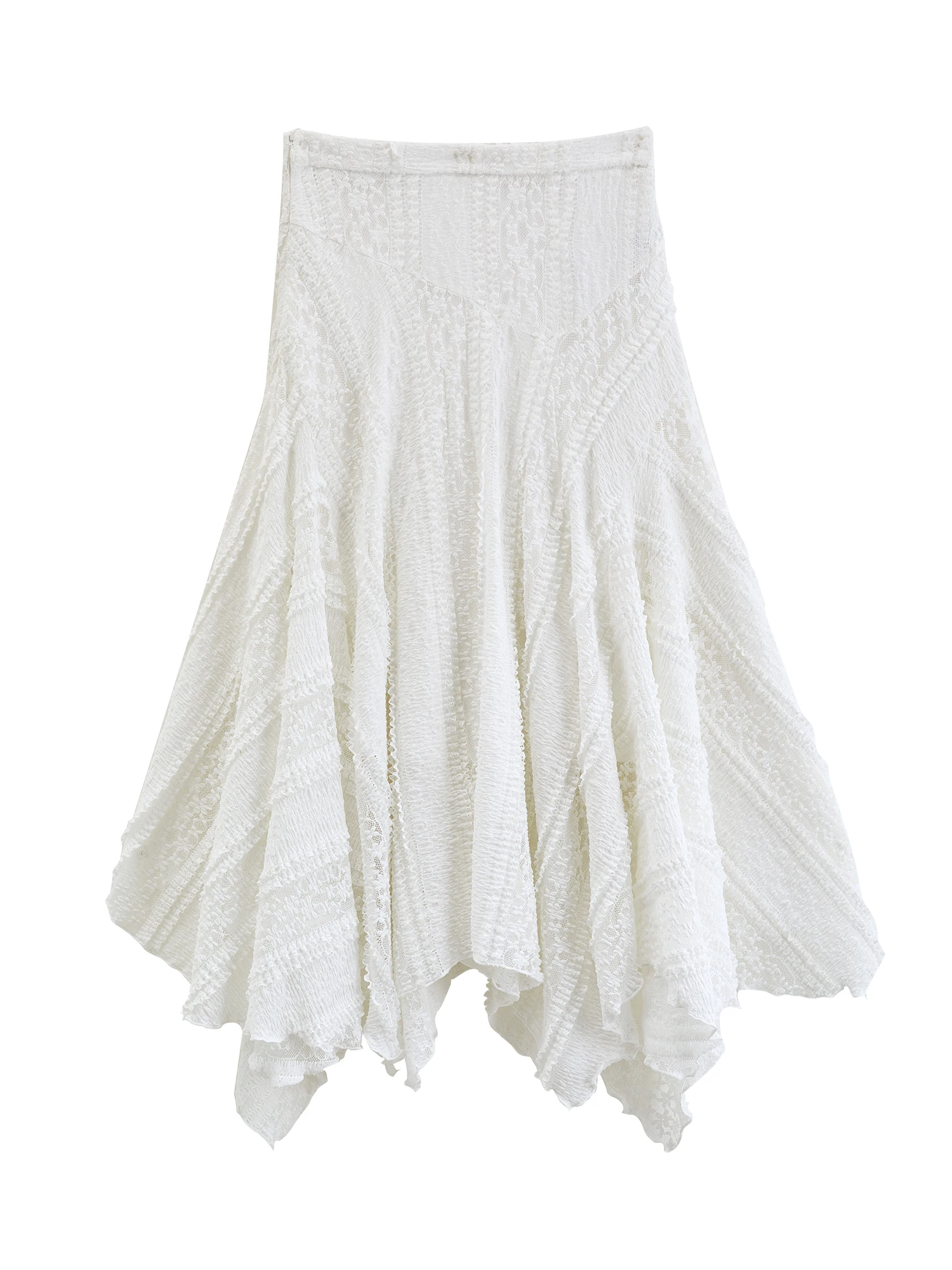 ZIQIAO 2026 Summer Women's Bias Cut Lace Panel Asymmetric Midi Skirt, Designer Patchwork Hem Skirt Romantic Soft Feminine Style