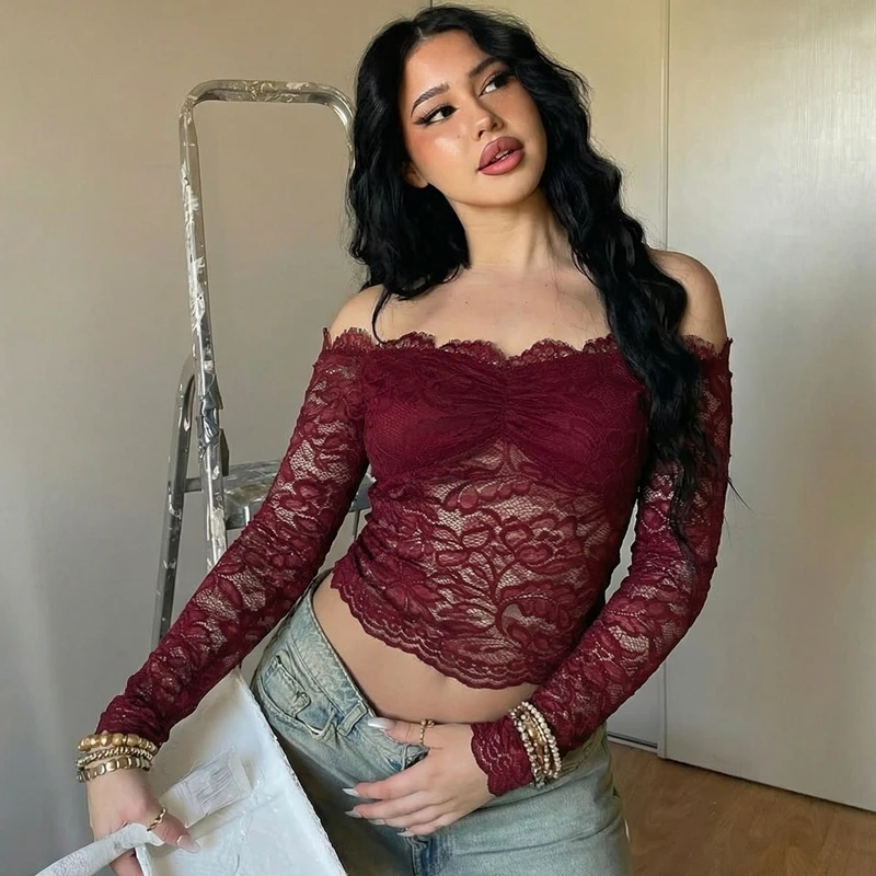 Hugcitar Women Elegant Lace Slash Neck Long Sleeve Sexy See Through Ruffles Crop T-Shirt Top Female Clothes Birthday Night Club