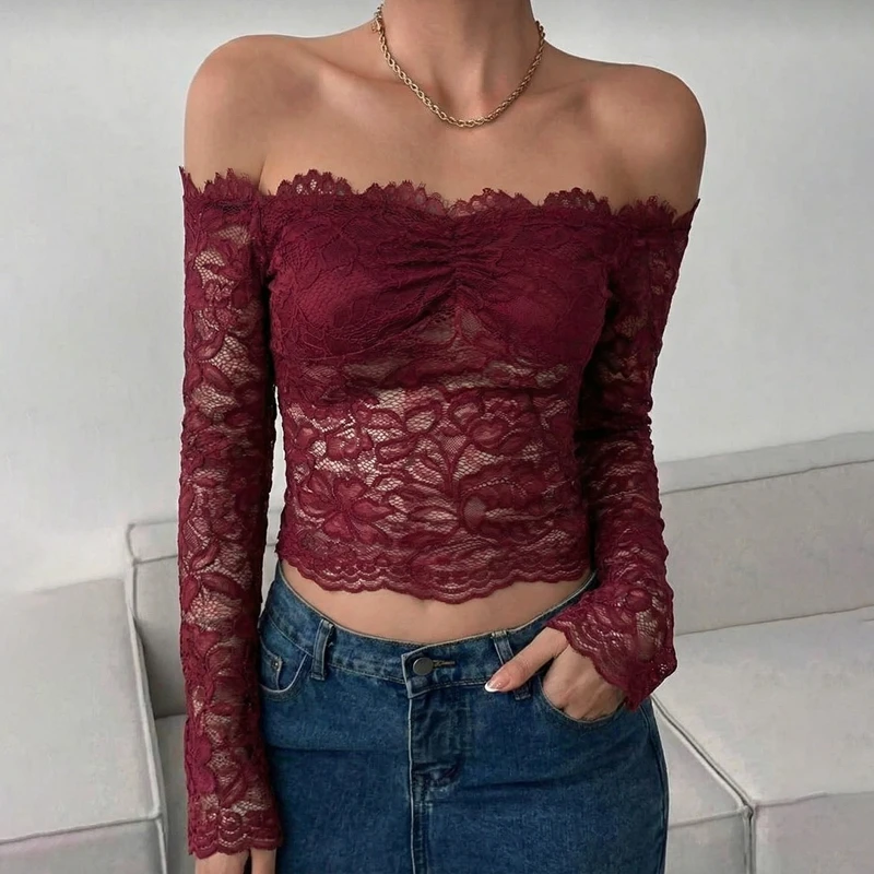 Hugcitar Women Elegant Lace Slash Neck Long Sleeve Sexy See Through Ruffles Crop T-Shirt Top Female Clothes Birthday Night Club