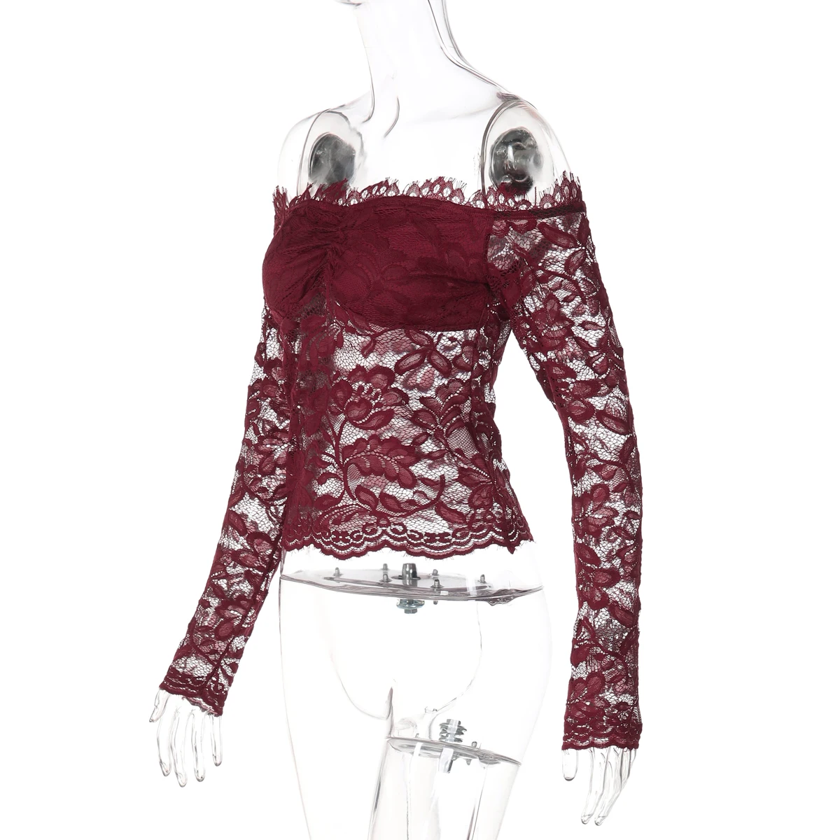 Hugcitar Women Elegant Lace Slash Neck Long Sleeve Sexy See Through Ruffles Crop T-Shirt Top Female Clothes Birthday Night Club