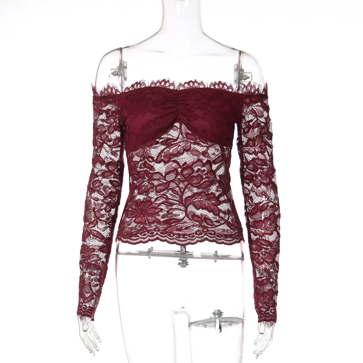 Hugcitar Women Elegant Lace Slash Neck Long Sleeve Sexy See Through Ruffles Crop T-Shirt Top Female Clothes Birthday Night Club