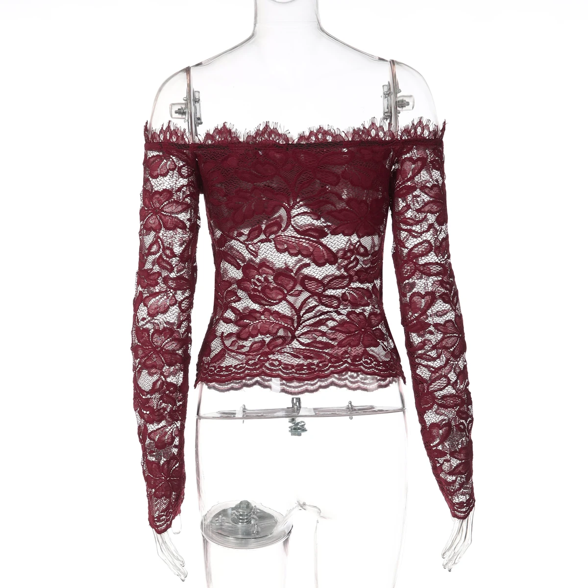 Hugcitar Women Elegant Lace Slash Neck Long Sleeve Sexy See Through Ruffles Crop T-Shirt Top Female Clothes Birthday Night Club
