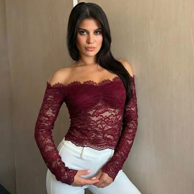 Hugcitar Women Elegant Lace Slash Neck Long Sleeve Sexy See Through Ruffles Crop T-Shirt Top Female Clothes Birthday Night Club