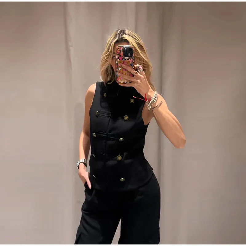 Women's Top 2026 Spring New Black Sleeveless Rope Knot Decorative Slim Fit Top Vest Unique Fashion Cool Trendy