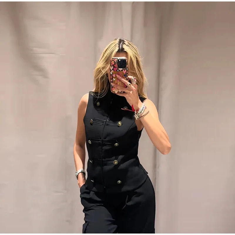 Women's Top 2026 Spring New Black Sleeveless Rope Knot Decorative Slim Fit Top Vest Unique Fashion Cool Trendy