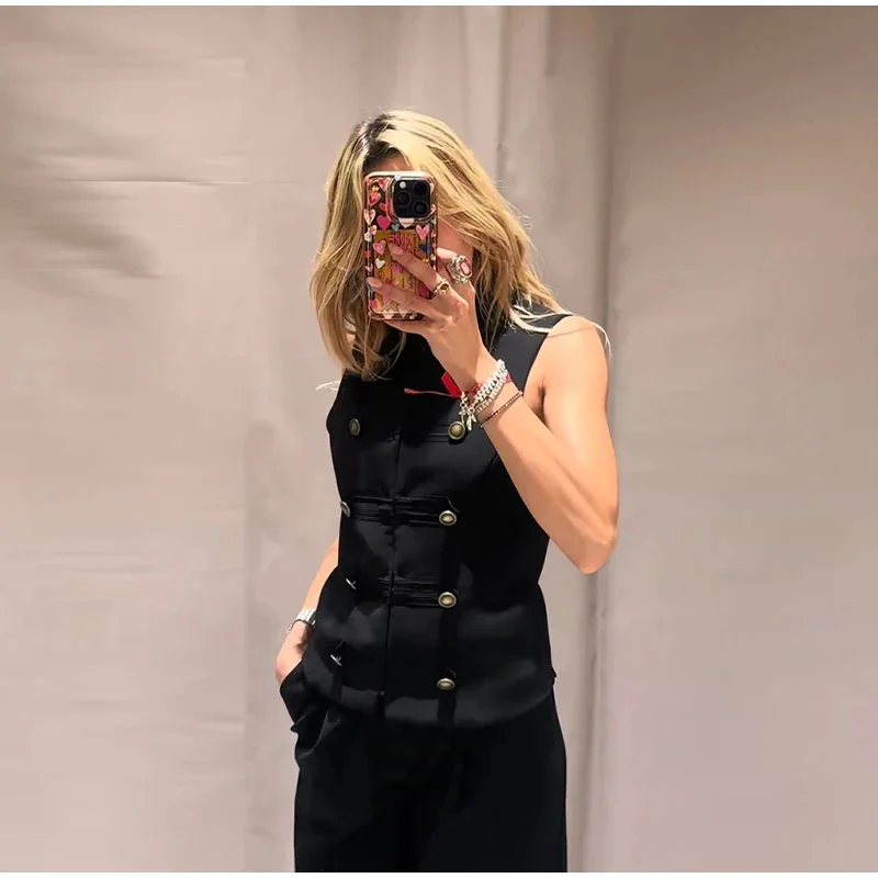 Women's Top 2026 Spring New Black Sleeveless Rope Knot Decorative Slim Fit Top Vest Unique Fashion Cool Trendy