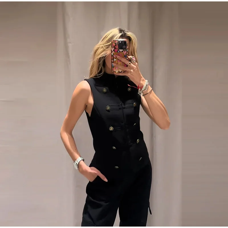 Women's Top 2026 Spring New Black Sleeveless Rope Knot Decorative Slim Fit Top Vest Unique Fashion Cool Trendy
