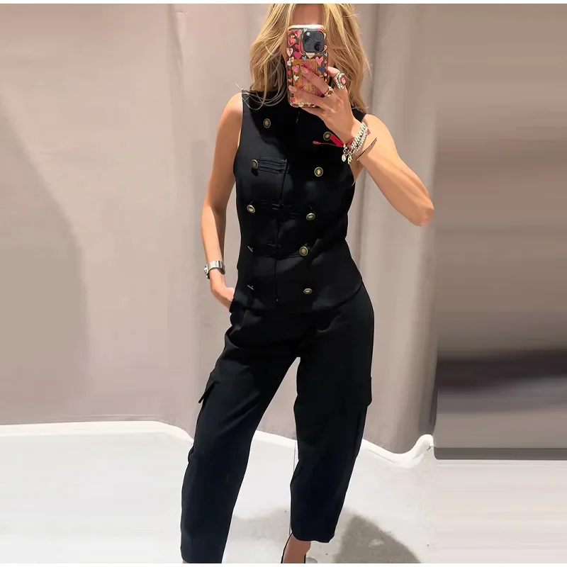 Women's Top 2026 Spring New Black Sleeveless Rope Knot Decorative Slim Fit Top Vest Unique Fashion Cool Trendy