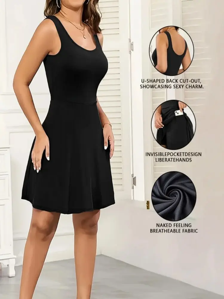 Women's Sleeveless Dress Built-in Shorts Stretchy Workout Dress Comfortable Yoga Sports Wear Casual Flared Hem Active Dresses