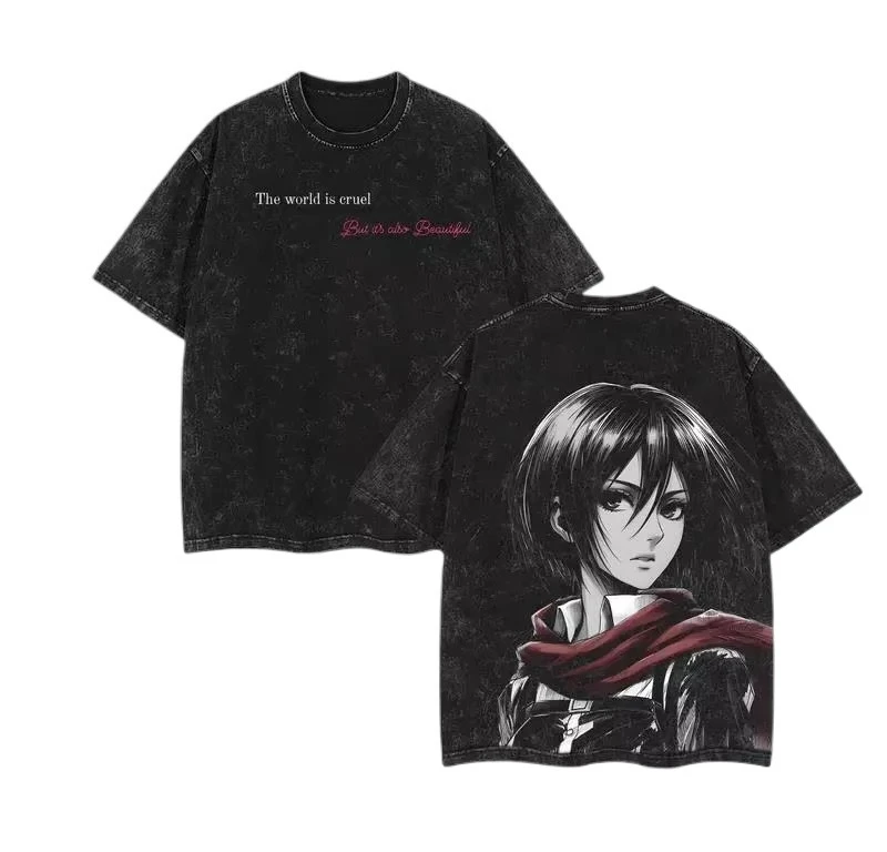 Mikasa Ackerman Attack on Titan Printed T-shirt Men's and Women's Washed T-shirt High Quality Vintage Cotton T-shirt Y2K Tops