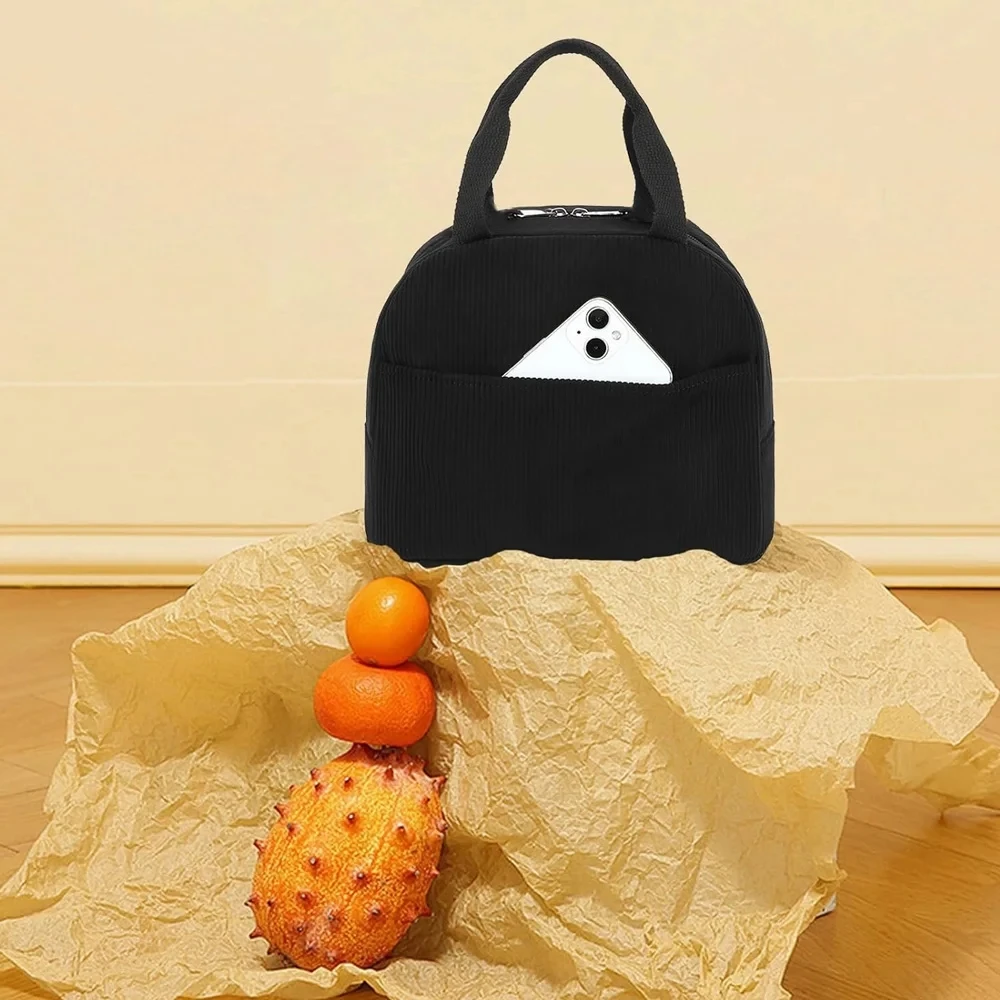 Reusable Thermal Insulated Bento Bag Embroidery Portable Corduroy Lunch Bag for Kid Ideal for Go To School/Travel Work Trips