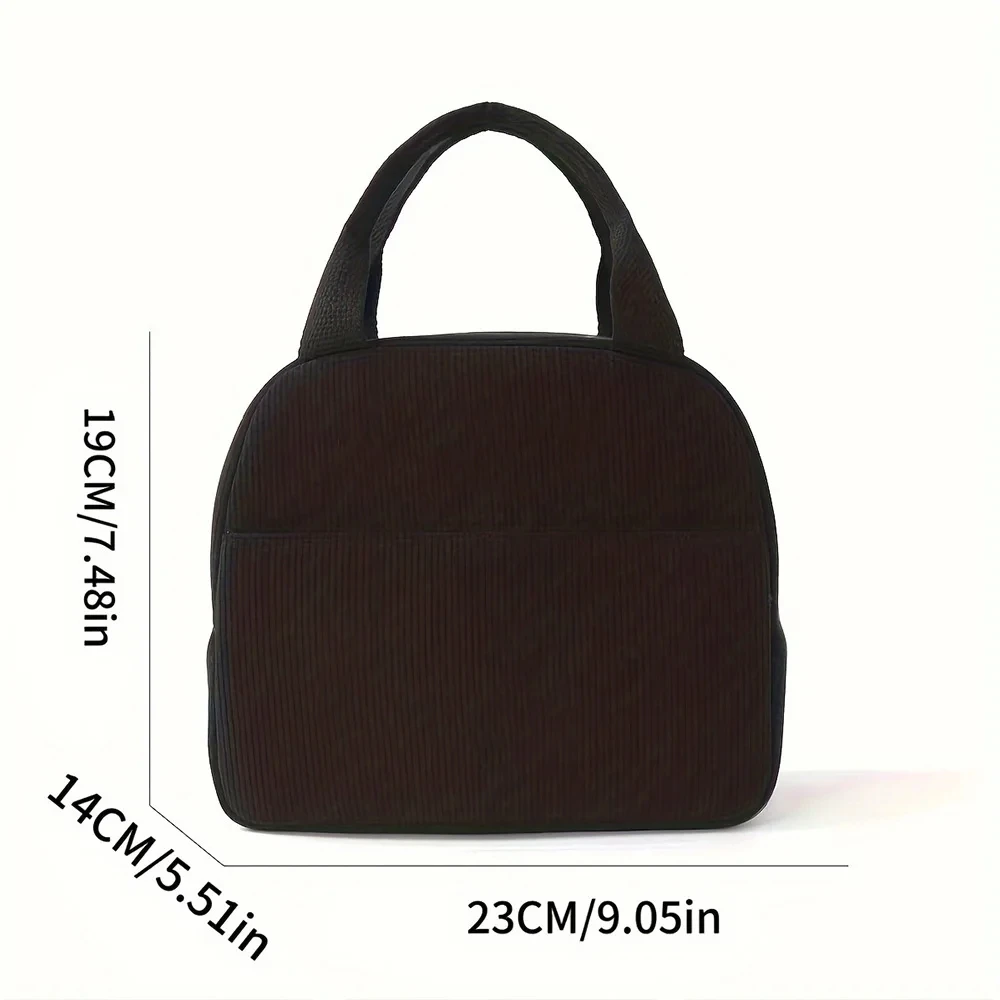 Reusable Thermal Insulated Bento Bag Embroidery Portable Corduroy Lunch Bag for Kid Ideal for Go To School/Travel Work Trips