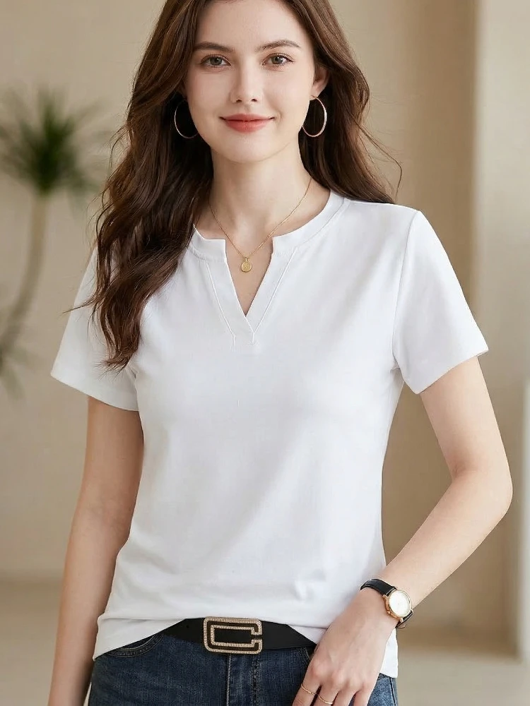 Korean Minimalist Slim Fit Versatile Layering Tops 2026 Summer Trendy Solid V-Neck Short Sleeve Tees Women T-Shirt